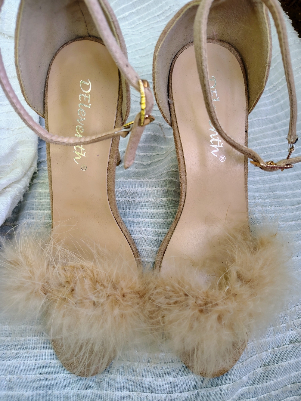 Tan Feathered Ankle-Strap Heels